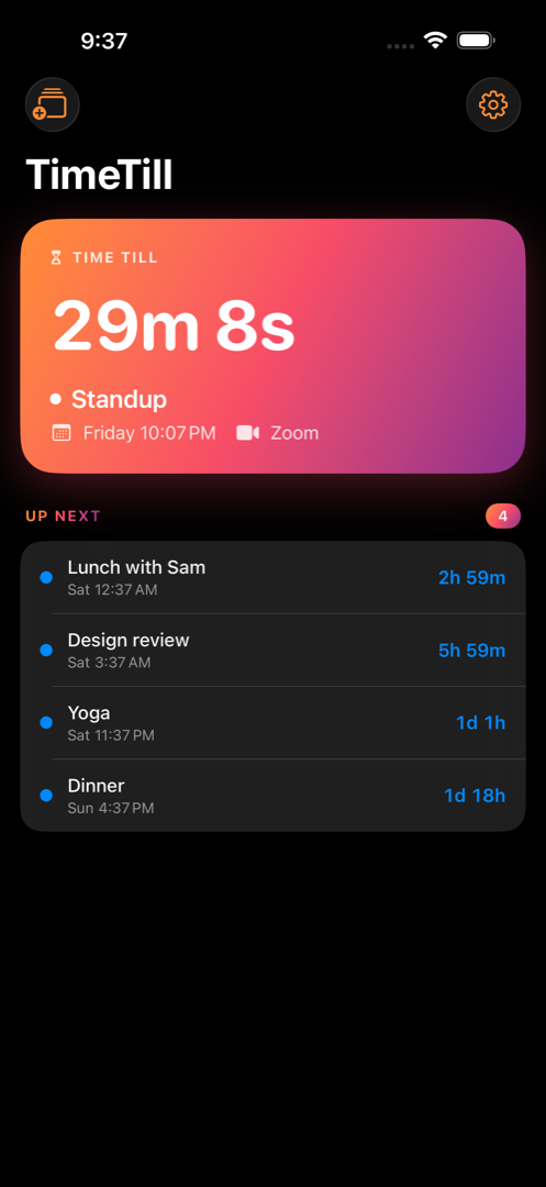 TimeTill app open in dark mode with sunset hero card and Up Next list