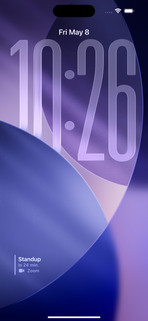TimeTill rectangular widget on the iPhone Lock Screen showing Standup in 24 min, Zoom