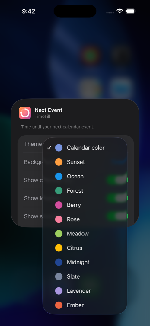 Theme picker showing 12 color themes — Sunset, Ocean, Forest, Berry, Rose, Meadow, Citrus, Midnight, Slate, Lavender, Ember