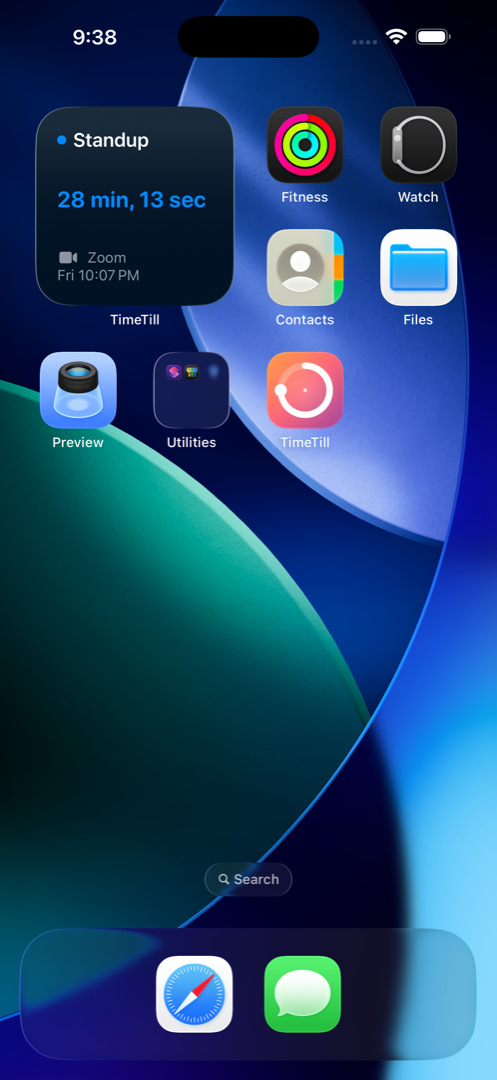 TimeTill widget on iPhone home screen counting down to Standup at Zoom