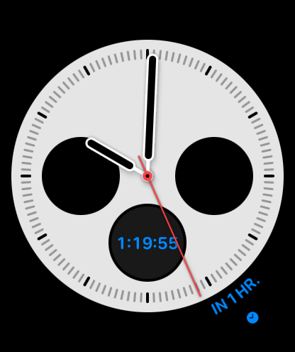 Apple Watch face with TimeTill complications — corner countdown 1:19:55 and IN 1 HR. on the bezel