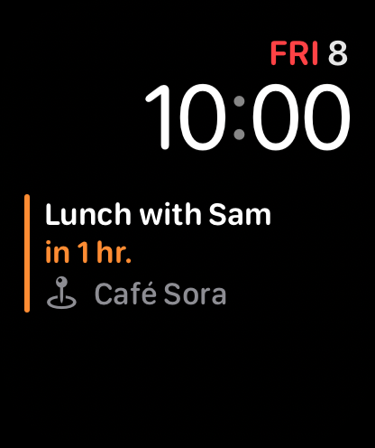 Smart Stack widget on Apple Watch showing Lunch with Sam in 1 hr at Café Sora